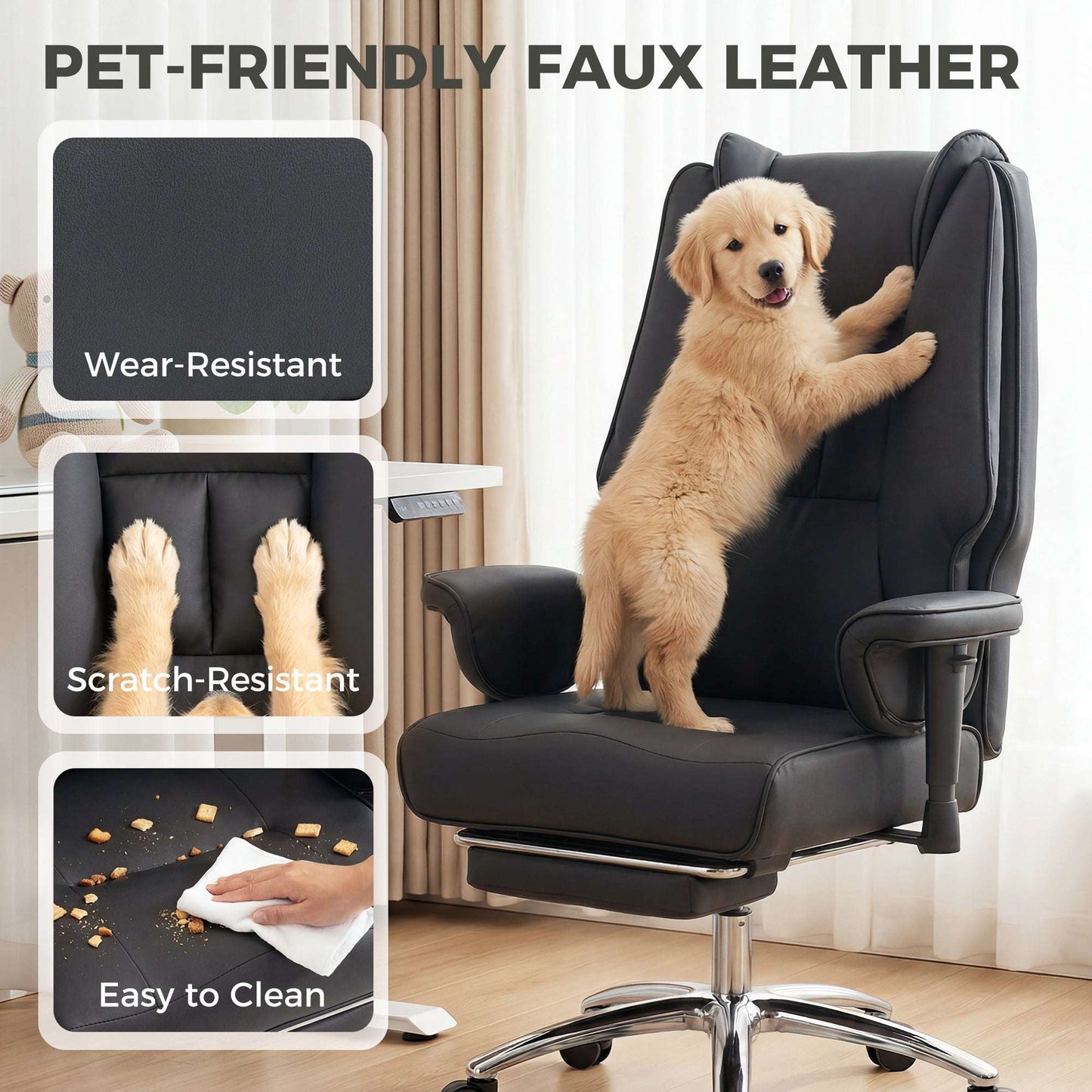 Ergonomic Executive Reclining Office Chair | 155° Recline | Retractable Footrest | Pocket Spring Seat | Pet-Friendly Faux Leather | Adjustable Armrests | SGS Gas Lift | 120kg | Black