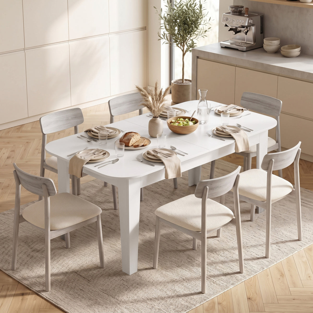 Extendable Oval Dining Table | White | Particleboard Steel | 140-180W x 80D x 75H cm | Seats 4-6 | 100kg | Melamine Top | Rounded Edges | Felt Pads | Steel Guide Rails | Underboard Storage