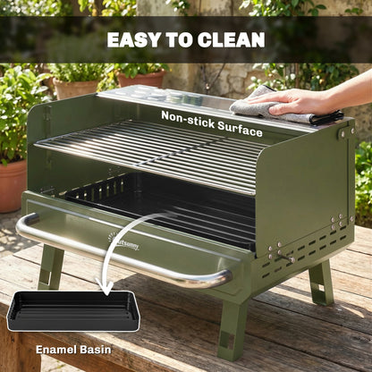 Portable Charcoal BBQ Grill | 3 Adjustable Grate Heights | 304 Stainless Steel | Foldable Legs | Side Shelf | No Assembly | 52x37x31.8cm | Green