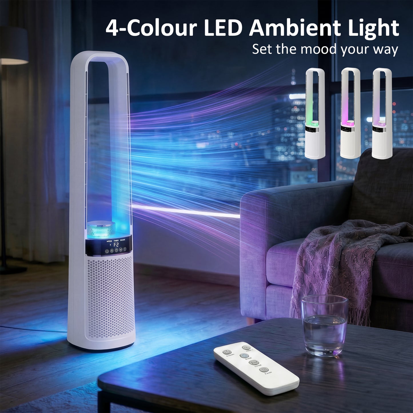 Bladeless Tower Fan | 36dB Sleep Mode | 4-Colour LED & Breathing Mode | 45° Oscillation | 3 Speeds | 12H Timer | 5m Remote | Washable Filter | 85W | 20.6x21.4x93.3cm | White