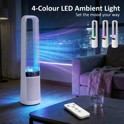 Bladeless Tower Fan | 36dB Sleep Mode | 4-Colour LED & Breathing Mode | 45° Oscillation | 3 Speeds | 12H Timer | 5m Remote | Washable Filter | 85W | 20.6x21.4x93.3cm | White