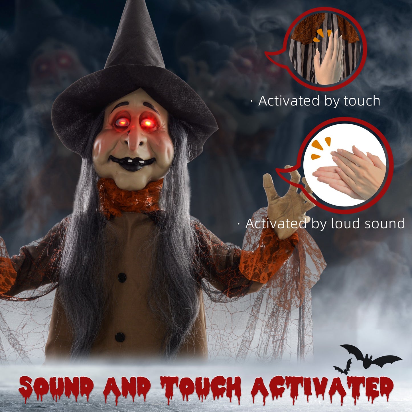 183 cm Life Size Halloween Animated Standing Fat-Faced Witch with Red Light Up Eyes, Sound Activated Moving Arms & Head, Scary Witch Halloween Decorations, Battery Operated, Indoor Party Props