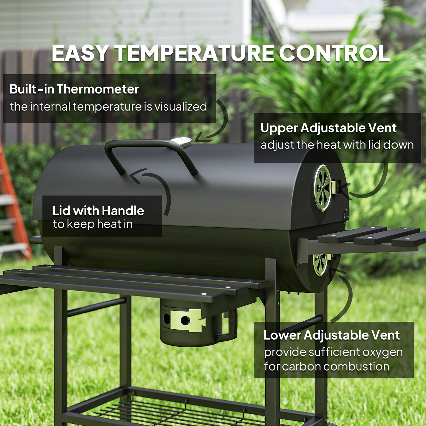 Charcoal BBQ Grill with Foldable Front Side Shelf, Portable Barbecue Smoker with Warming Rack, Bottom Shelf, Lid, Temperature Gauge