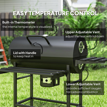 Charcoal BBQ Grill with Foldable Front Side Shelf, Portable Barbecue Smoker with Warming Rack, Bottom Shelf, Lid, Temperature Gauge