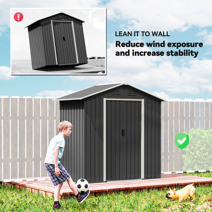 Galvanised Steel Garden Storage Shed | Double Sliding Lockable Door | 4 Vents | Sloped Roof | Steel Tile Roof & Walls | 194x107x191cm | 1.8m² | Dark Grey