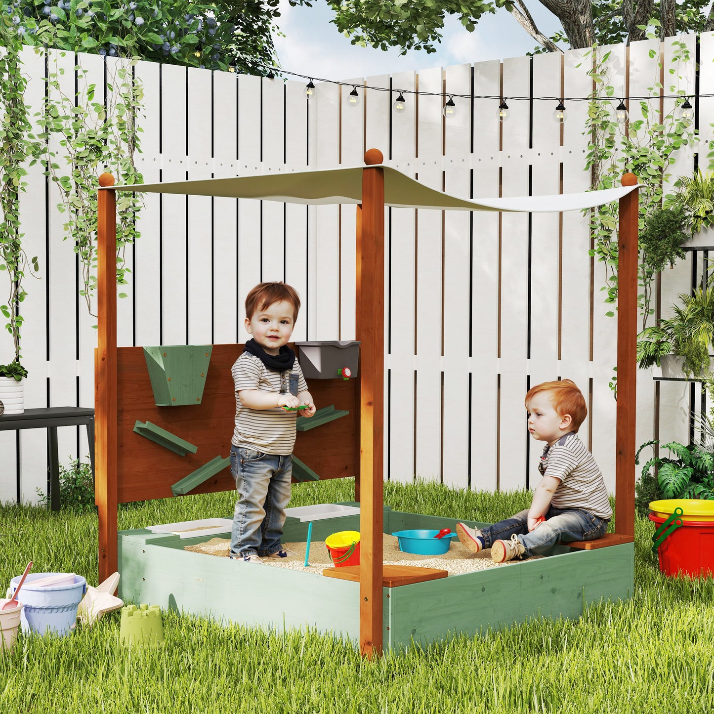 AIYAPLAY Wood Sandpit with Canopy, Storage Bins, Funnel, Liner, Chutes, Bucket with Tap, 116 x 112.5 x 128 cm, Green