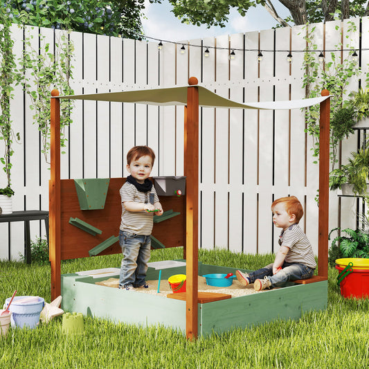 AIYAPLAY Wood Sandpit with Canopy, Storage Bins, Funnel, Liner, Chutes, Bucket with Tap, 116 x 112.5 x 128 cm, Green