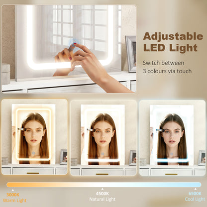 Dressing Table with LED Mirror | 10 Fabric Drawers | Gold Handles | 3 Light Modes | Anti-Tip | White