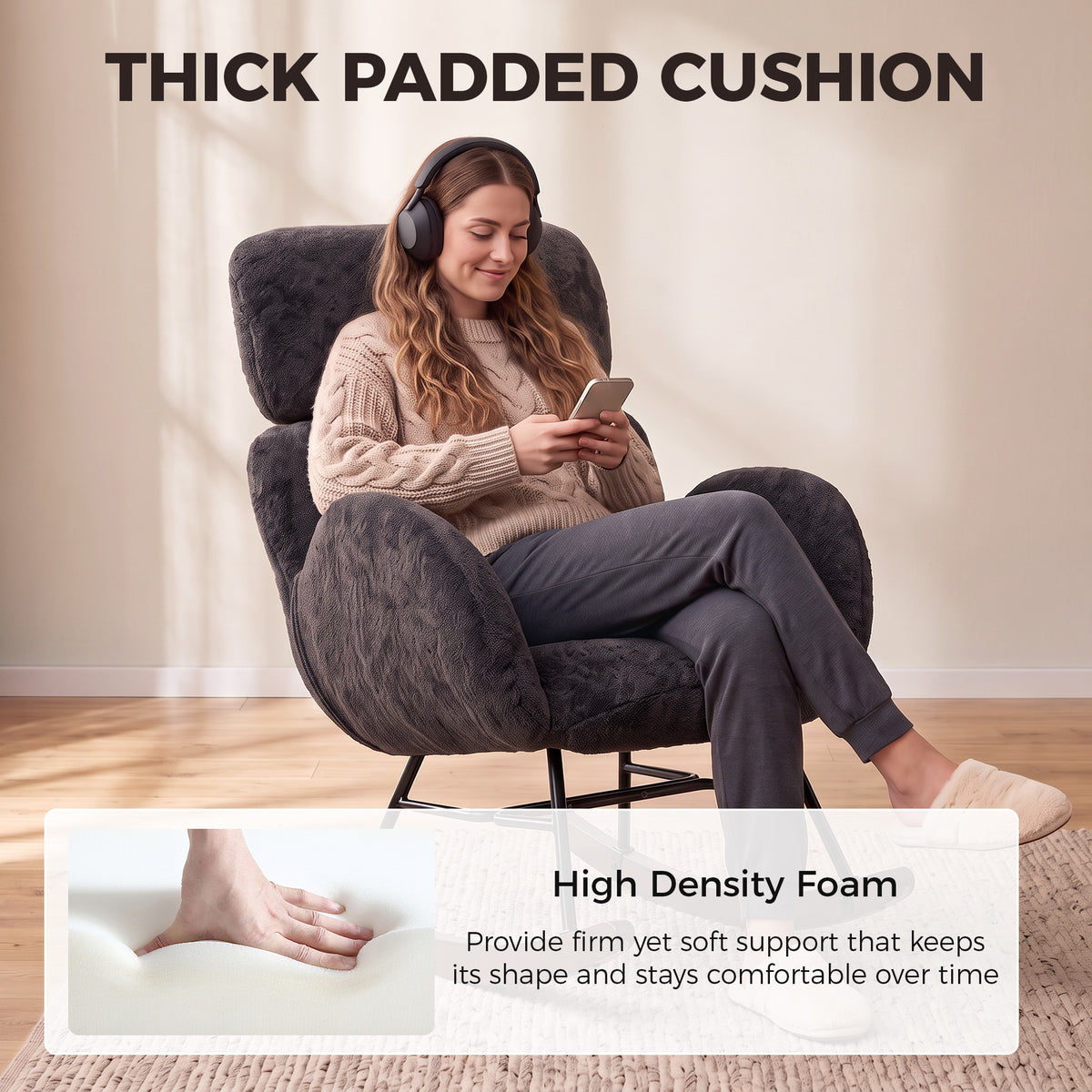 Rocking Chair | Dark Grey Velvet Upholstery with Adjustable 8 cm Headrest, 105° Glide & High-Density Foam | Walnut Base | 120 kg