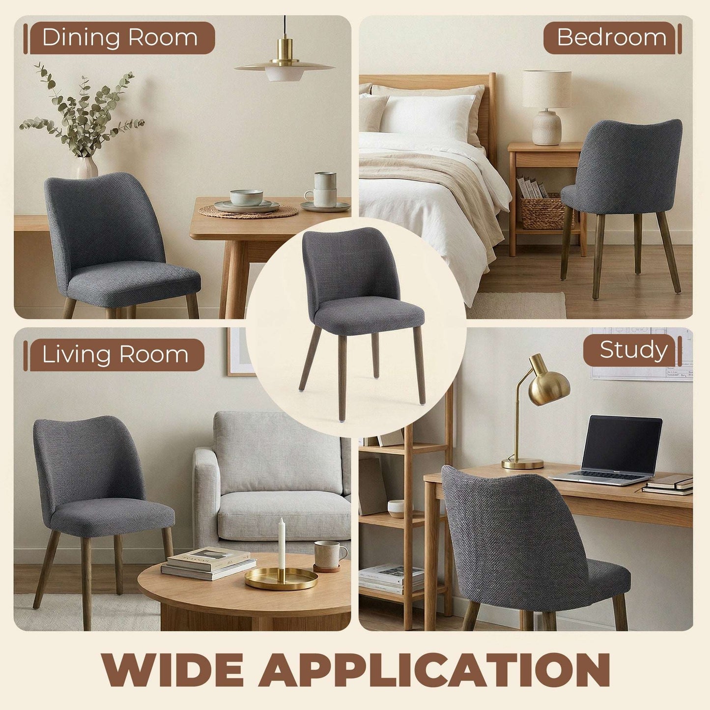 Chairs Set of 2, Linen Upholstered Kitchen Chairs with Padded Seat, Curved Backrest, Rubberwood Legs, Dark Grey