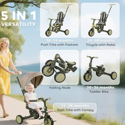 AIYAPLAY 5 in 1 Kids Trike with Adjustable Backrest, Toddler Tricycle with Push Handlebar, Adjustable Backrest