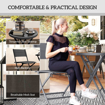 3 Piece Folding Outdoor Bistro Set | 2 Mesh Chairs | Tempered Glass Table Dia 50cm | Powder Coated Metal | No Assembly | 120kg | Black