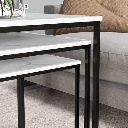 Nesting Tables Set of 3, Side End Table with Faux Marble Effect Top and Steel Legs for Living Room, Bedroom, White