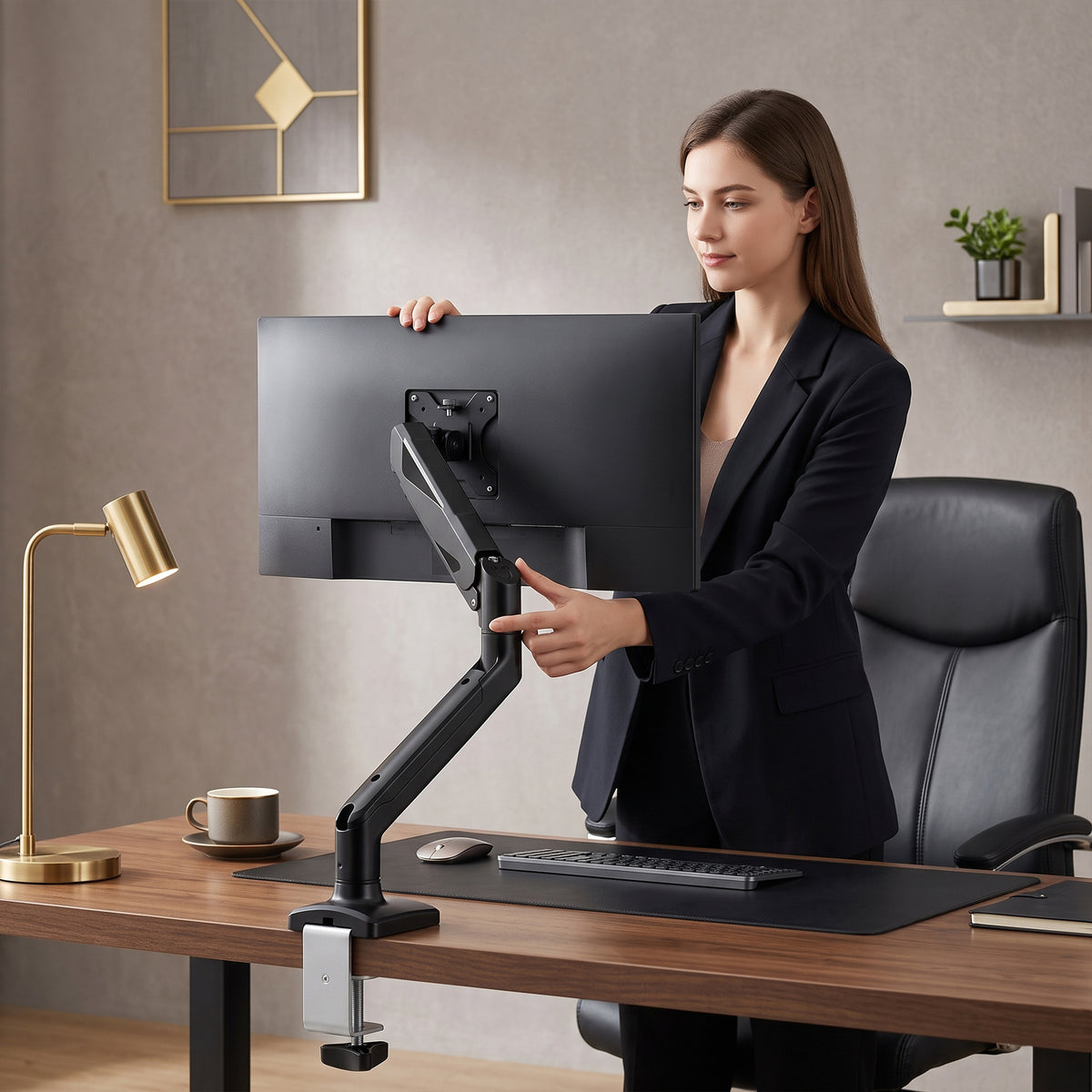 Single Monitor Arm | Up to 32 Inch & 10kg | Gas Spring Height Adjustment, Tilt, Swivel & 360° Rotation | Black Steel