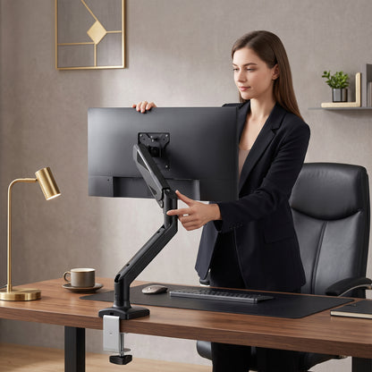 Single Monitor Arm | Up to 32 Inch & 10kg | Gas Spring Height Adjustment, Tilt, Swivel & 360° Rotation | Black Steel