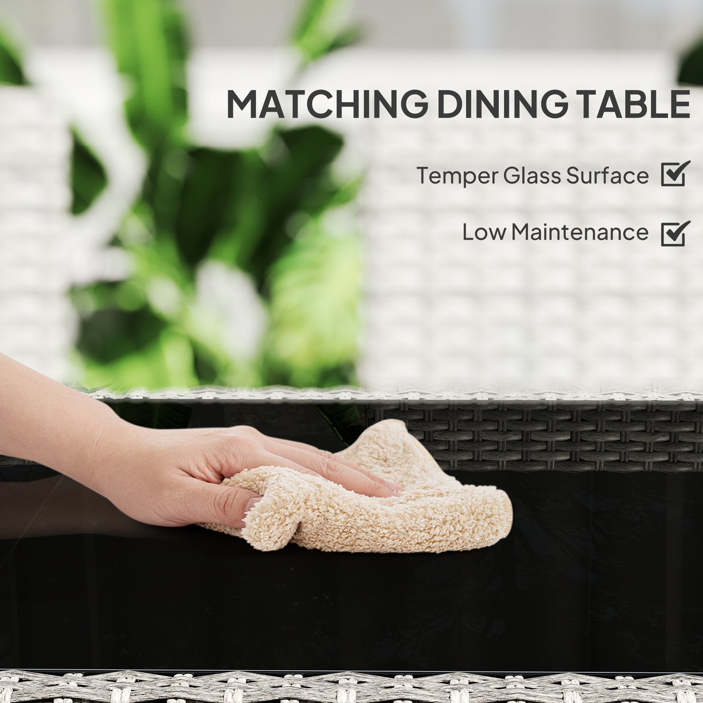 Rattan Garden Furniture Set, 6 Seater Outdoor Dining Table and Chairs with Cushions, 150 x 90cm Rectangular Tempered Glass Table, 6 Armchairs