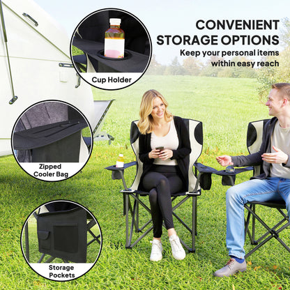 Set of 2 Folding Camping Chairs, Padded Camping Chairs with Adjustable Armrests, Portable & Lightweight Folding Camp Chair with Cooler Bag, Cup Holder and Side Pockets