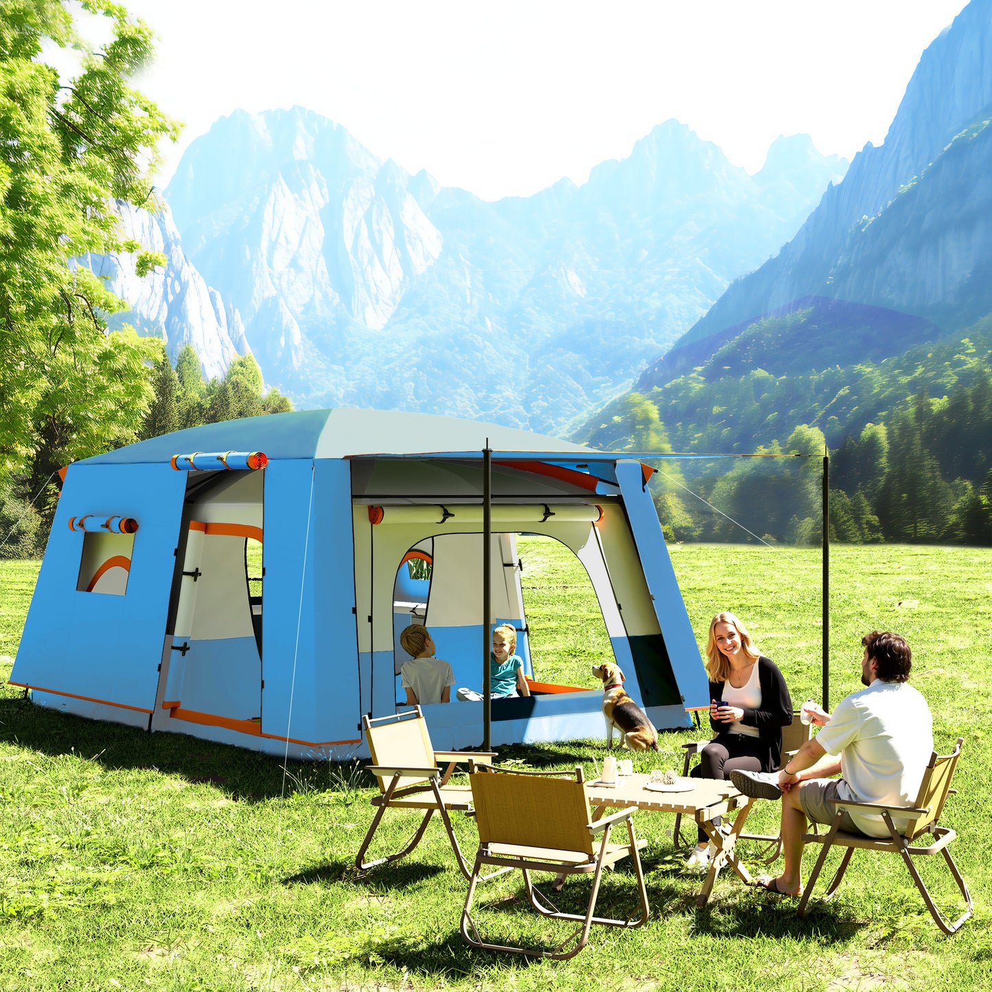 4-6 Man Camping Tent, Double Layer Tunnel Tent with Porch, Living Area and 2 Bedrooms, Sewn in Groundsheet, 3000mm Waterproof and UPF 30+