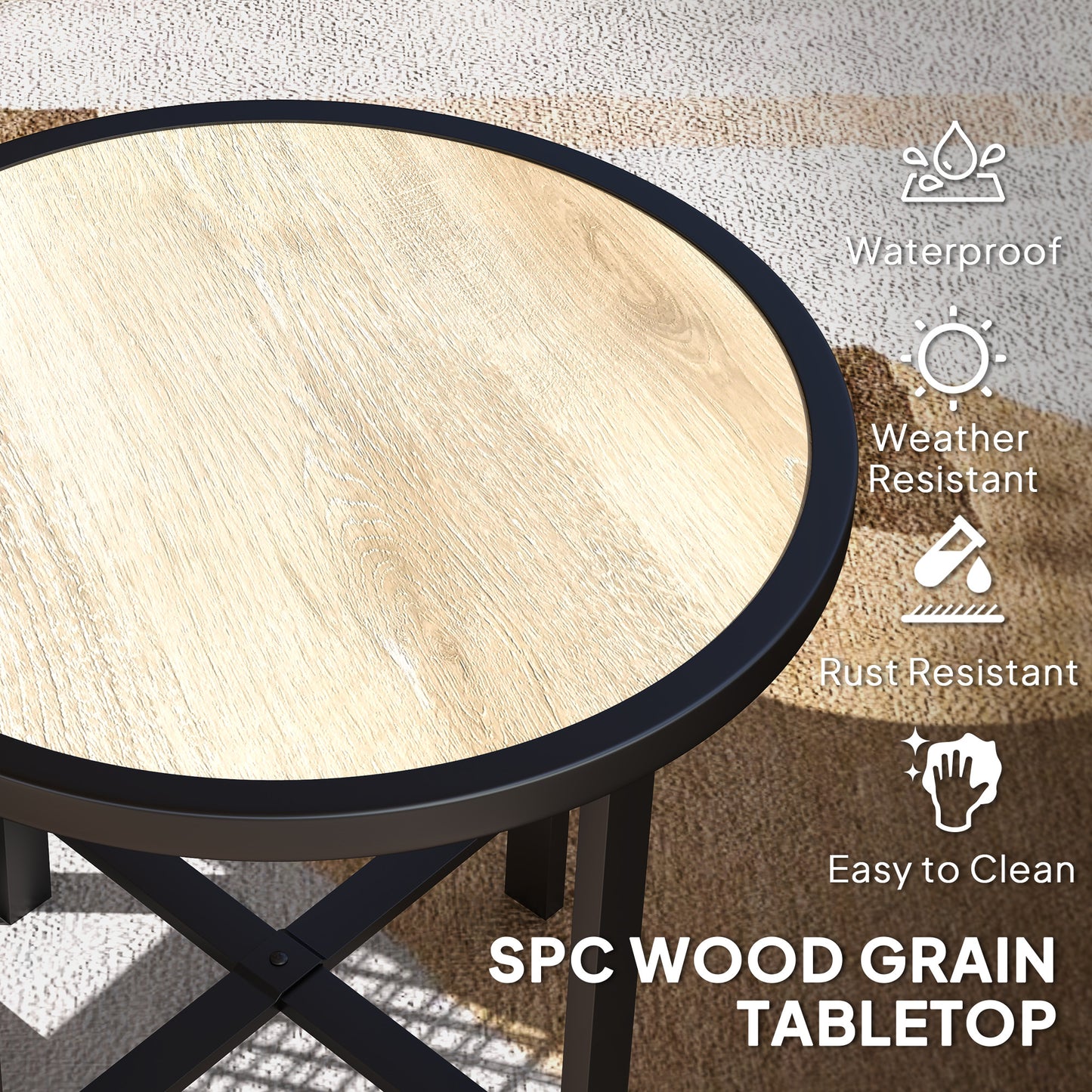 Round Garden Bistro Side Table | Dia 50.5x46cm | Waterproof SPC Top | Wood Grain Effect | Powder Coated Metal Frame | Anti-Slip Feet | 30kg | Natural Wood Finish