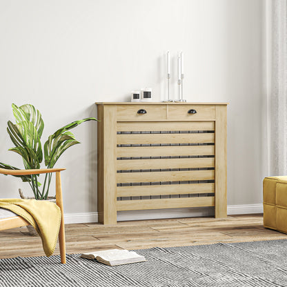 MDF & Particle Board Radiator Cover with 2 Drawers | Slatted Design | Skirting Board Cut-Outs | Easy-Fix Clips | Wood-Effect Top | 4kg Per Drawer | 111x19x95.5cm | Oak