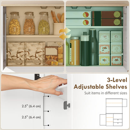 Freestanding Kitchen Cupboard | 2 Cabinets | 2 Drawers | 3 Door Racks | Adjustable Shelves | 8 Mug Holders | 106kg | White