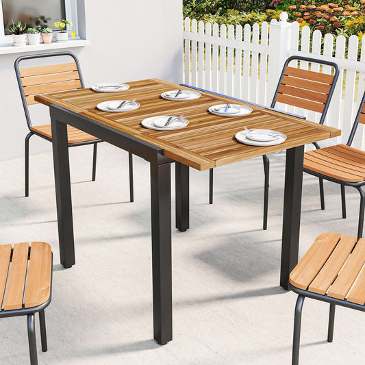 Expandable Acacia Wood Garden Dining Table | Black Powder-Coated Steel Frame | Extends 80-120cm | Adjustable Foot Pads | 50kg Capacity | No Assembly Required | 120x70x75cm | Natural & Black