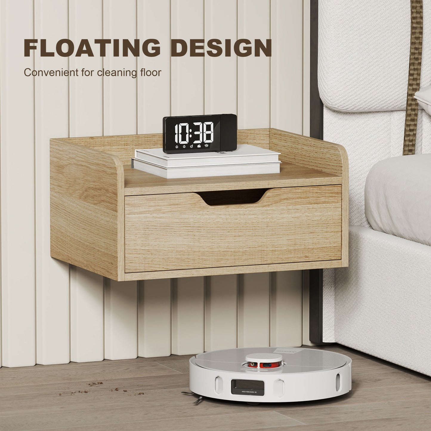 Set of 2 Floating Wall-Mounted Bedside Tables | Drawer | Flat Top | 10kg | 40x30x19.5cm | Natural Wood Finish