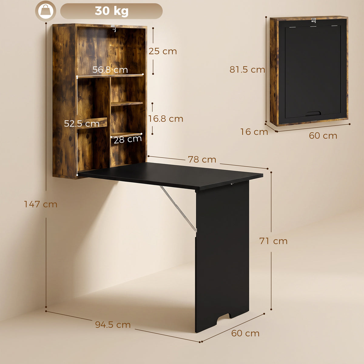 Wall-Mounted Folding Drop-Leaf Desk with Chalkboard & Storage Shelves | 78x56.5cm Tabletop | Folds to 16cm Deep | 20kg Tabletop Capacity | MDF | Rustic Brown & Black | 60x94.5x147cm Open