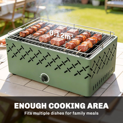 Portable Battery-Powered Charcoal BBQ Grill – Built-In Fan, Stepless Heat Control, 600°C Rated, 45.5x29cm Grill Surface, For Camping & Garden – Light Green