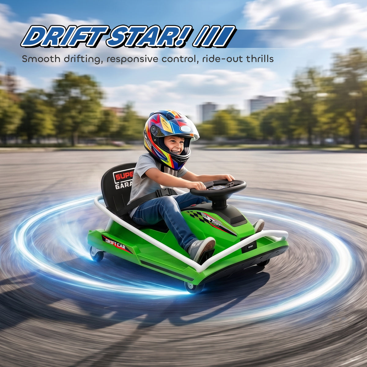 Kids Electric Go Kart | 24V 300W Brushless Motor | Drift Mode | Soft Start | Dual Speed | Ages 6-10 | Green / Yellow / Red
