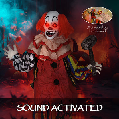 173 cm Life Size Halloween Animated Standing Clown & Hammer with Red Light Up Eyes, Sound Activated Moving Arms & Head, Scary Clown Halloween Decorations, Battery Operated, Indoor Party Props