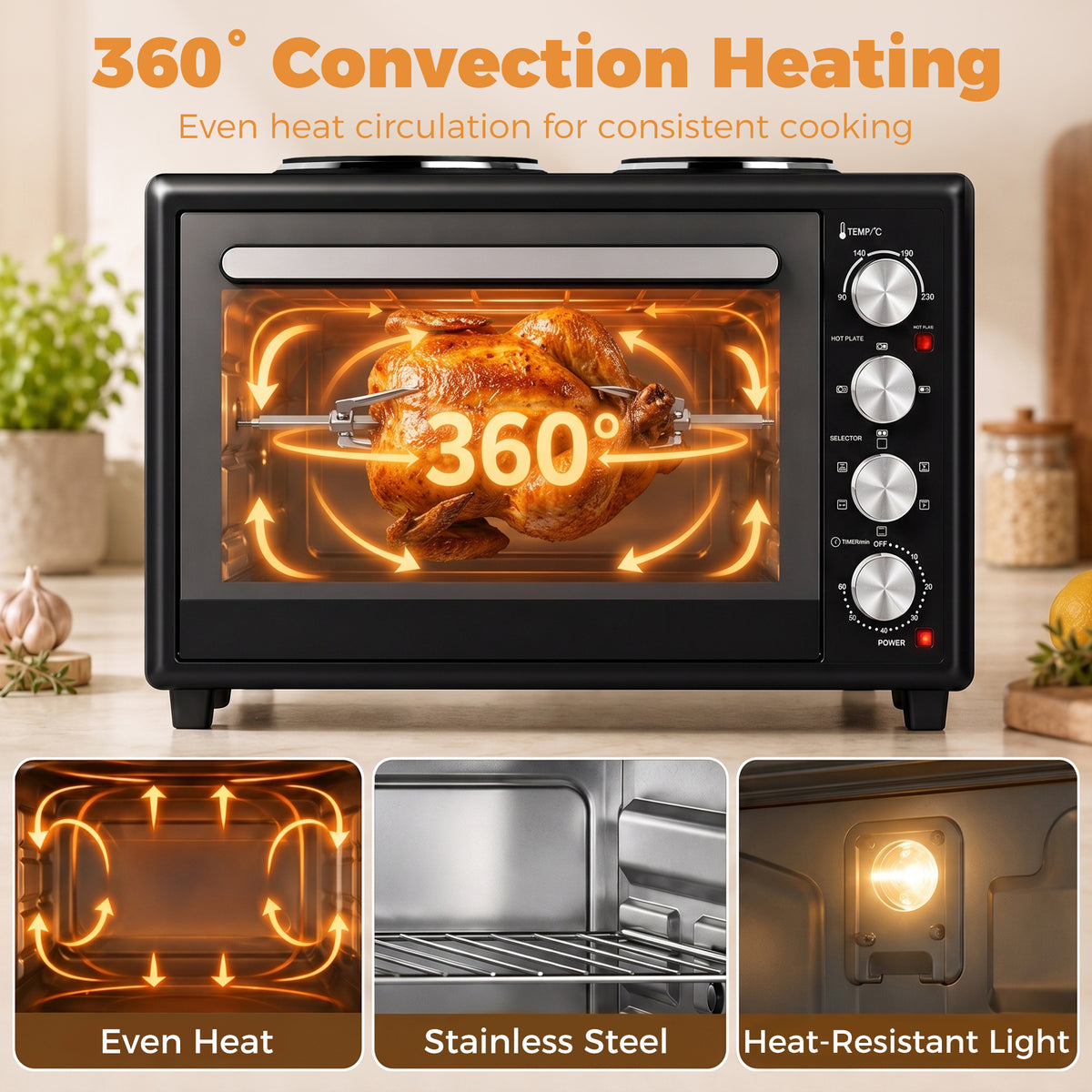 Countertop Mini Oven | Black 36L & 46L Electric Cooker with Dual Hotplates, Convection & Rotisserie