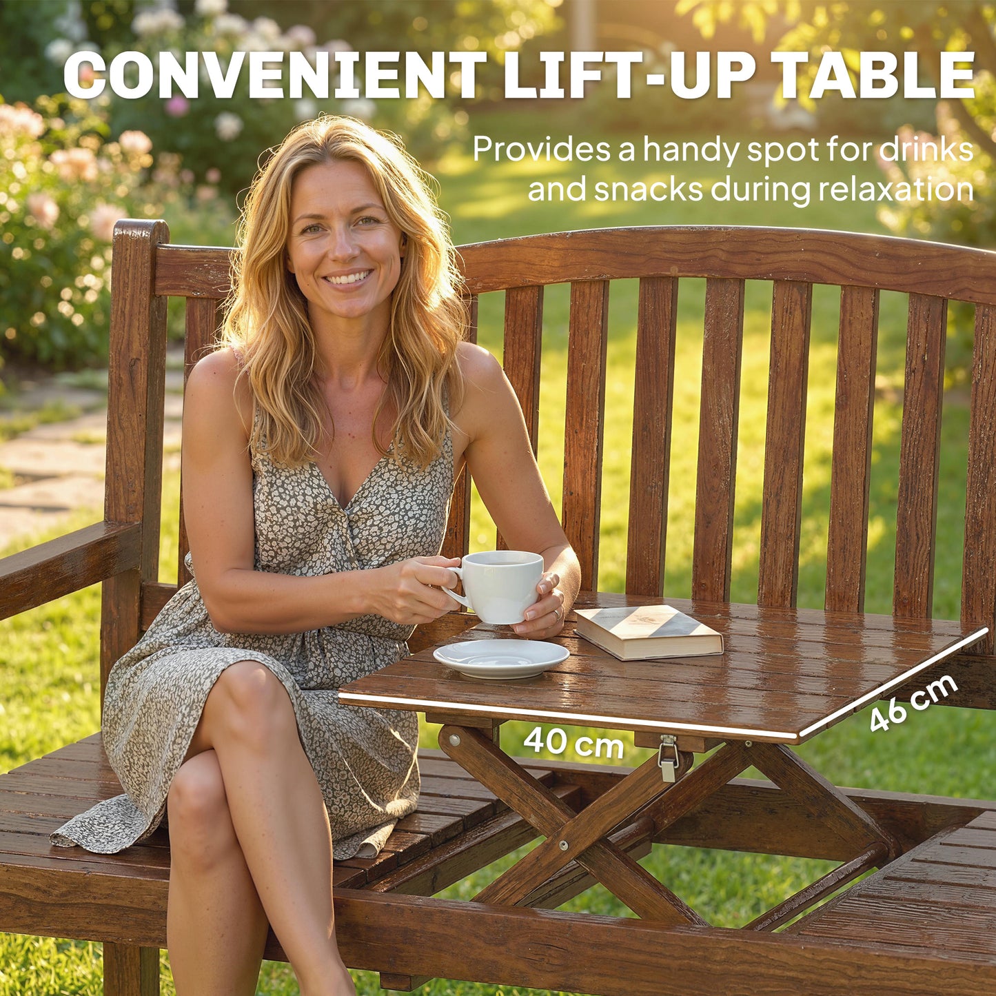 Convertible 2-3 Seater Garden Loveseat Bench | Liftable Table | 210D Waterproof Cover | Poplar Wood | 280kg Capacity | 150x63x98cm | Light Brown