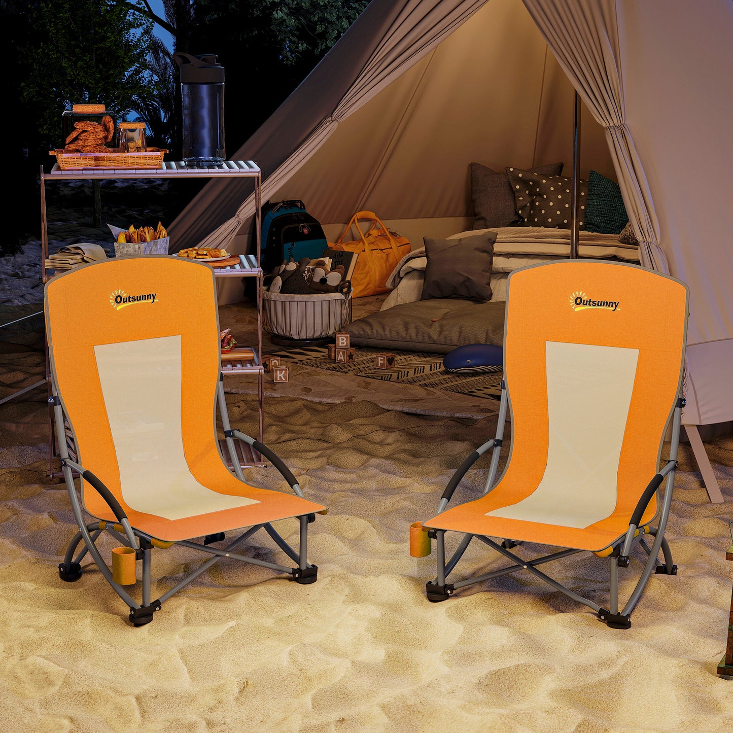 Set of 2 Folding Beach Chair, Low Camping Chair with Mesh Back, Carry Bag and Cup Holder for Garden Outdoor Picnic Festival Travel