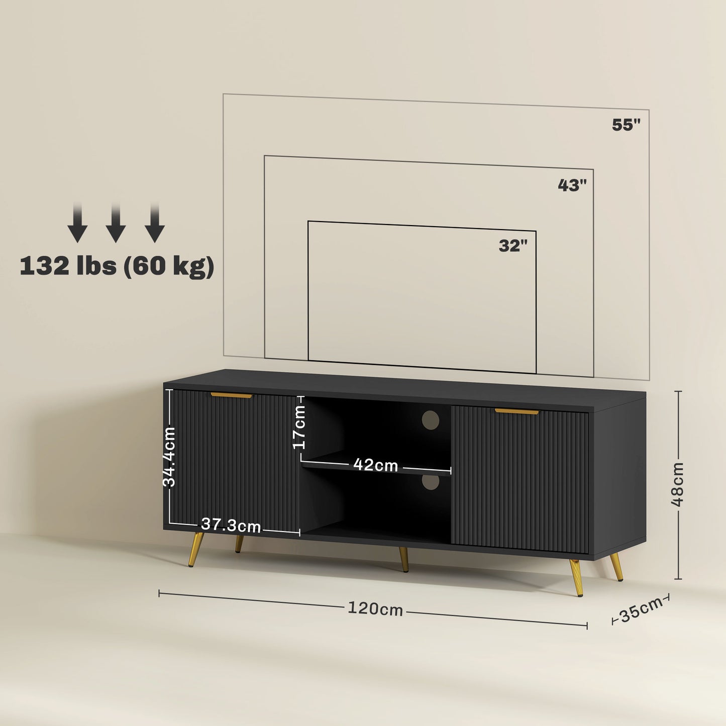 Modern TV Stand Cabinet for TVs up to 55", TV Unit with 2 Open Shelves and 2 Cabinets, w/ Cable Management for Living Room, Black