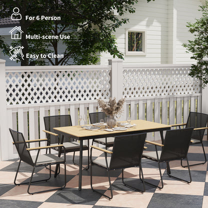 6 Seater Garden Dining Table Set with Soft Cushions, Rattan Backrest, Rectangular Plastic Top, Garden Furniture Set, Outdoor W/ Chairs