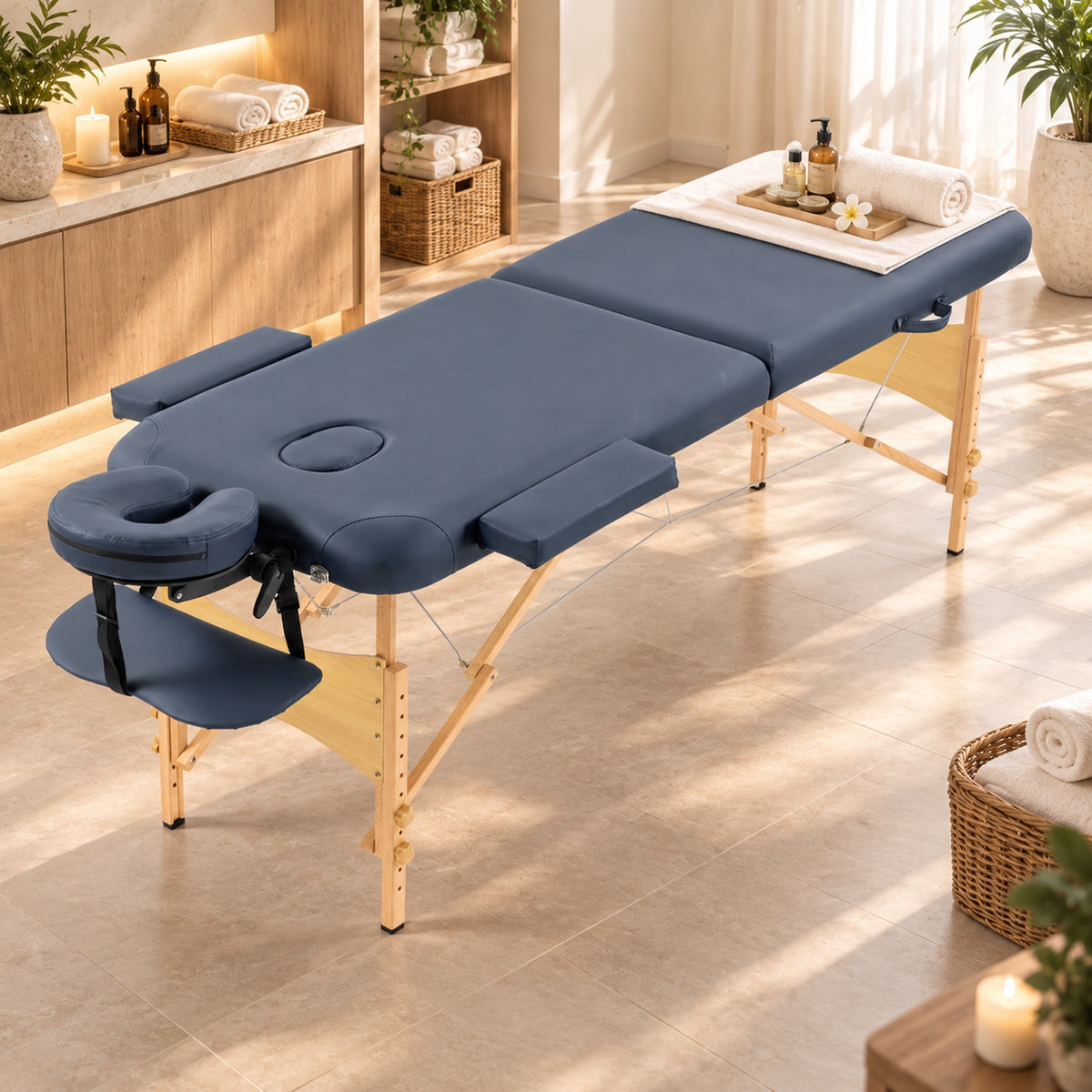 Portable Massage Table | Dark Blue 2-Section Folding Beauty Bed | Beech Frame, 4cm Padding & Carry Bag | Adjustable Height 67–92cm