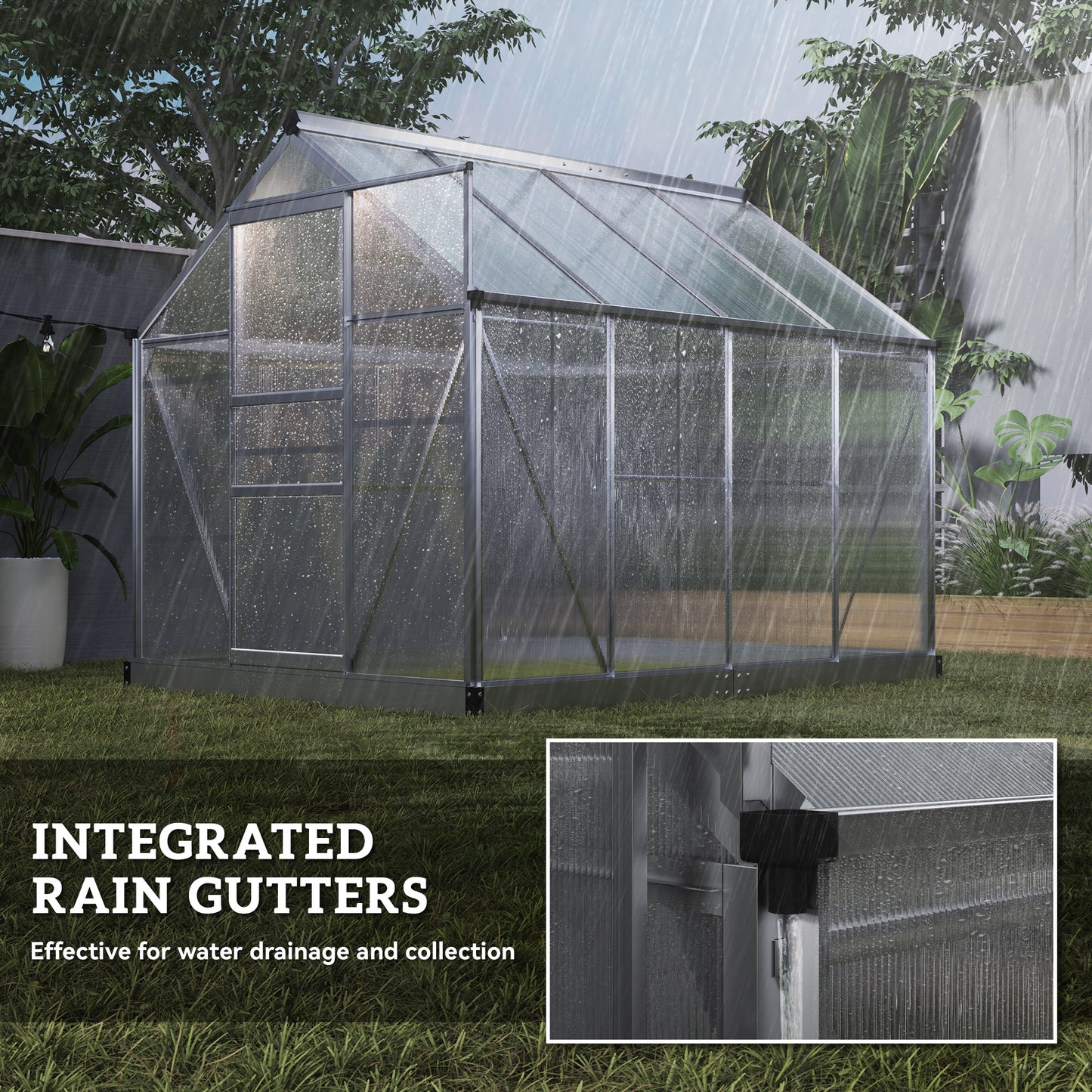 Walk-In Polycarbonate Greenhouse | 6x8ft | Aluminium Frame | Sliding Door | Roof Vent | 40kg/m² Snow Load | Silver
