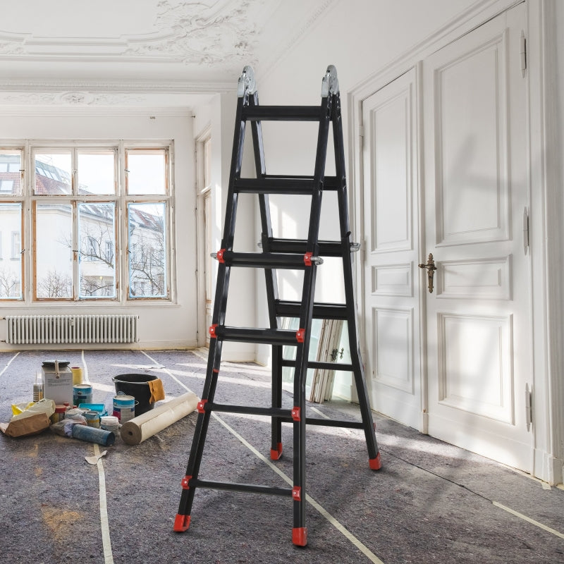 4M Aluminium Duo Ladder Telescopic Herringbone Changeable Multi-Purpose w/ Non-Slip Steps Climbing DIY Platform Portable Workshop House Garden