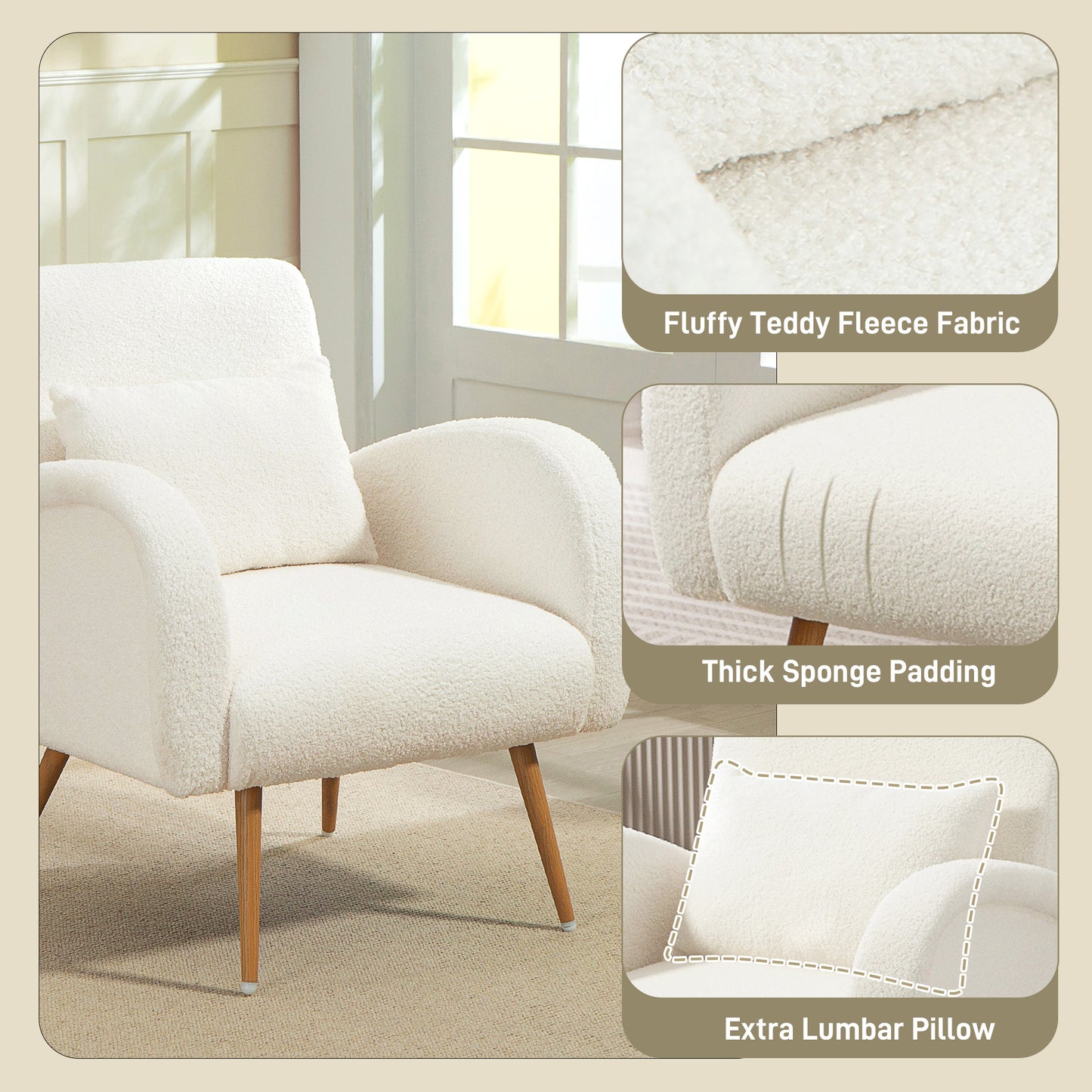 Teddy Fleece Accent Chair | High-Resilience Foam | Removable Lumbar Pillow | Metal Legs | 120kg | Cream White
