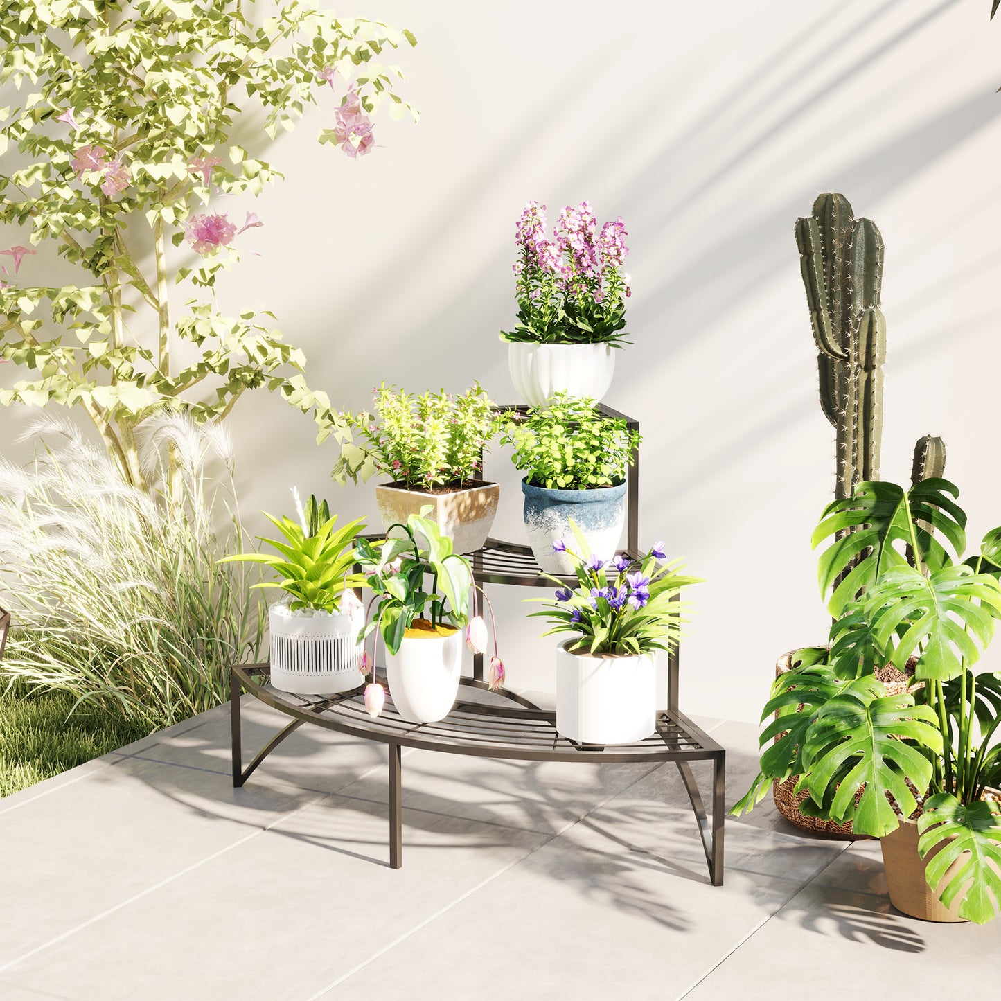 3 Tier Corner Plant Stand, Quarter Round Metal Plant Rack for Indoor Outdoor, Flower Pot Holder, Black