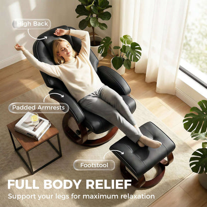 Swivel Recliner Chair & Footstool | PU Leather | 360° Swivel | 135° Recline | Bent Wood Frame | 120kg | Black