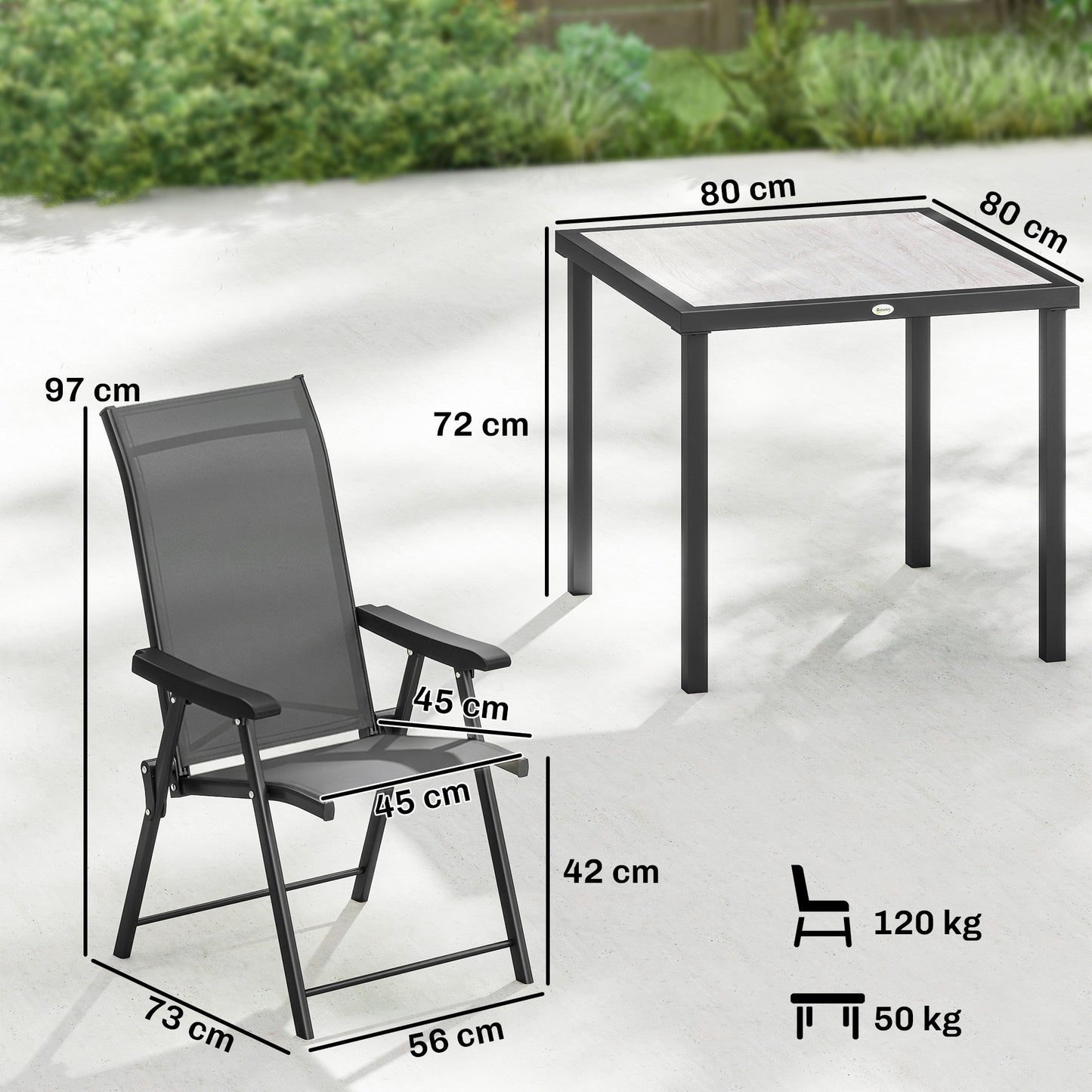 5-Piece Garden Dining Set for 4 | Folding Chairs | Faux Wood Table | Breathable Mesh | Grey