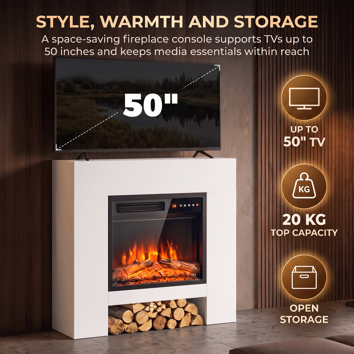 White Electric Fireplace Suite | 75cm Freestanding Mantel & Lower Storage | 900/1800W, Adjustable Log Flame Effect, 8-Hour Timer & Remote