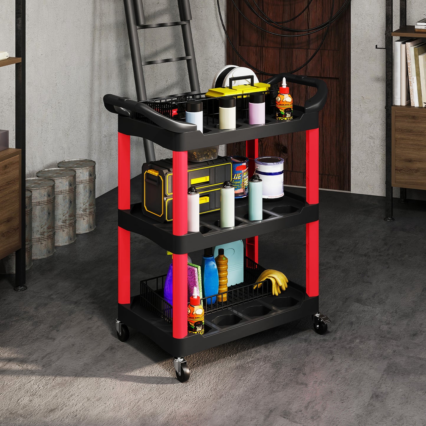 3-Tier Rolling Tool Cart, Tool Trolley on Wheels, Plastic Mobile Service Utility Cart W/ Handles for Garage, Mechanics and Warehouse, 91kg Capacity