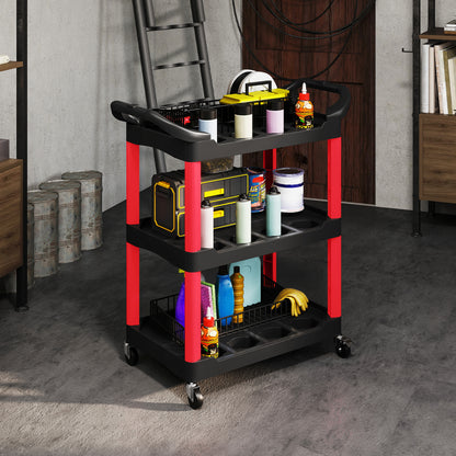 3-Tier Rolling Tool Cart, Tool Trolley on Wheels, Plastic Mobile Service Utility Cart W/ Handles for Garage, Mechanics and Warehouse, 91kg Capacity
