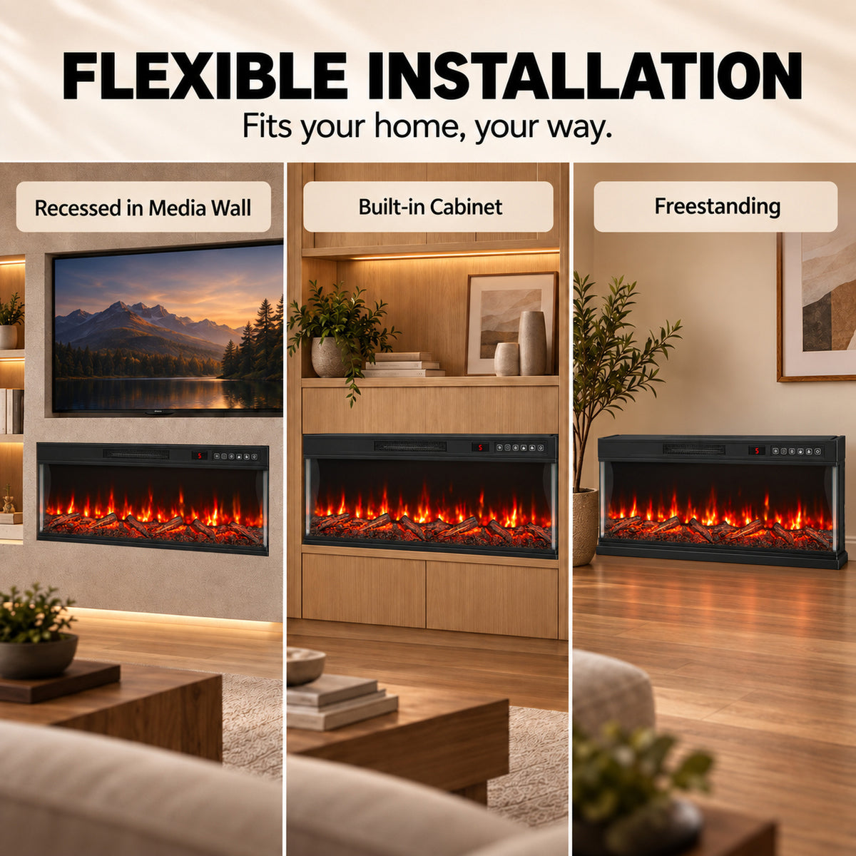 127cm Electric Fireplace Insert | 3-Sided Panoramic Log Effect | 900/1800W, 12 Colours, Remote & Timer | Black