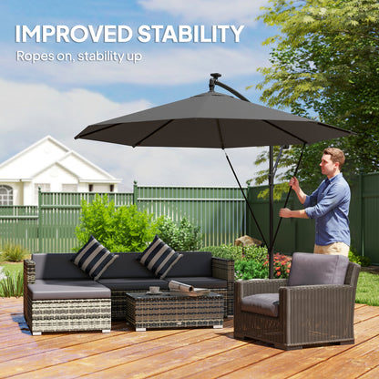 3m Cantilever Parasol with 32 Solar LED Lights | 295cm Canopy | 8 Metal Ribs | Crank Lift | Water-Repellent | 2 Wind Ropes | Cross Base & Cover Included | Black