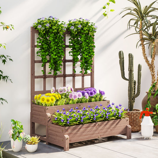 2-Tier Raised Bed with Trellis, Wooden Elevated Planter Box, Outdoor Raised Planter for Climbing Plants, Fruits, Vegetables, Flowers, Brown