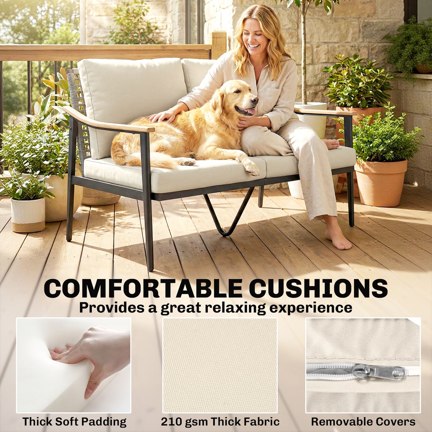 2 Seater Rattan Garden Sofa | Wood-Effect Armrests | Cut-Out PE Rattan Backrest | 8cm Seat & 12cm Back Cushions | Steel Frame | 240kg | 120x75x78cm | Khaki